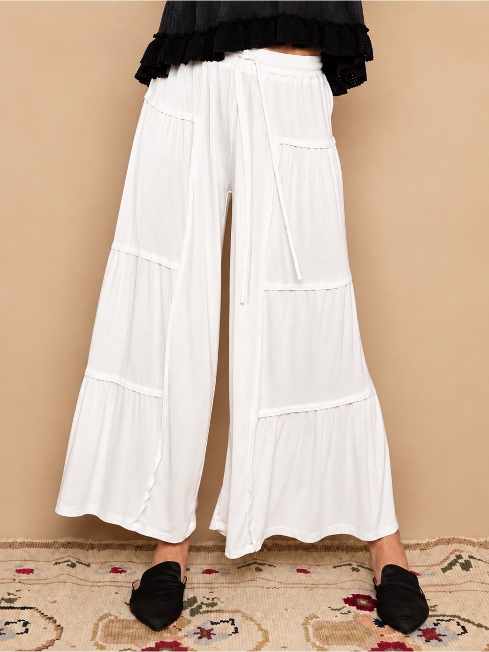 POL Ivory Ribbed Knit Tiered Wide Leg Pants NWT Large